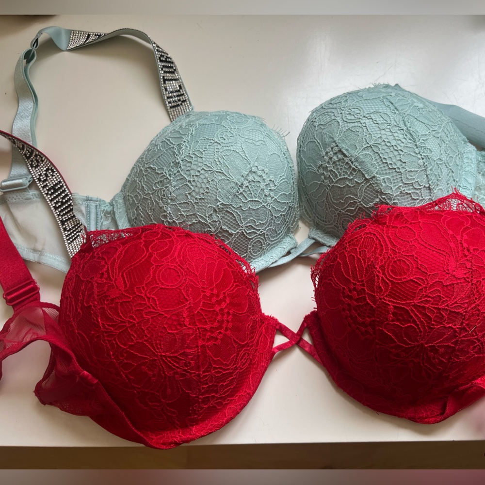 Victoria's Secret Red and Light Green/Blue Lace Bra Set